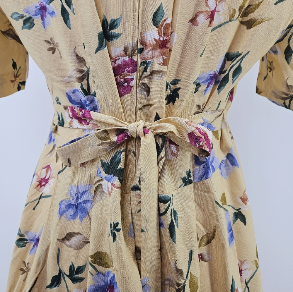 Vintage Prairie Cottagecore Floral Midi Dress Yellow Lace Collar Empire Waist 8 - Picture 8 of 13